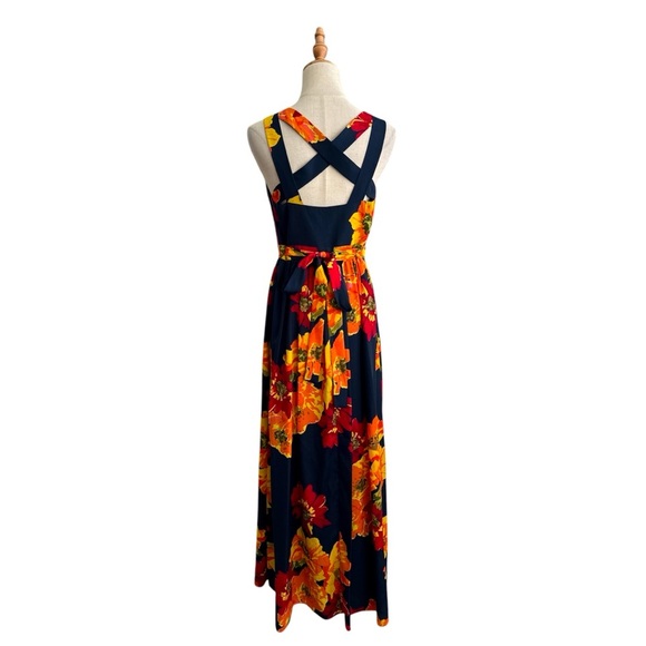 Ellen Tracy Multi Floral Red Yellow Orange Navy Sleeveless Maxi Dress Size 6 - Picture 4 of 10